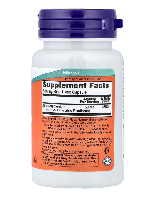 Цинк NOW Foods Zinc Picolinate 60 капсул 50мг